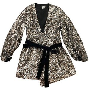 ASOS Mini Wrap Dress Party Sequins Black Gold Silver Women Size 6 Long Sleeve